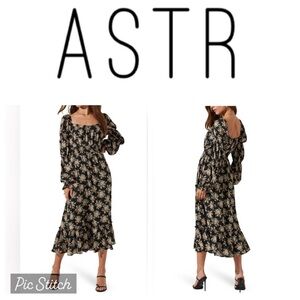ASTR the Label Black Floral Cinched Long Sleeve Midi Peasant Dress